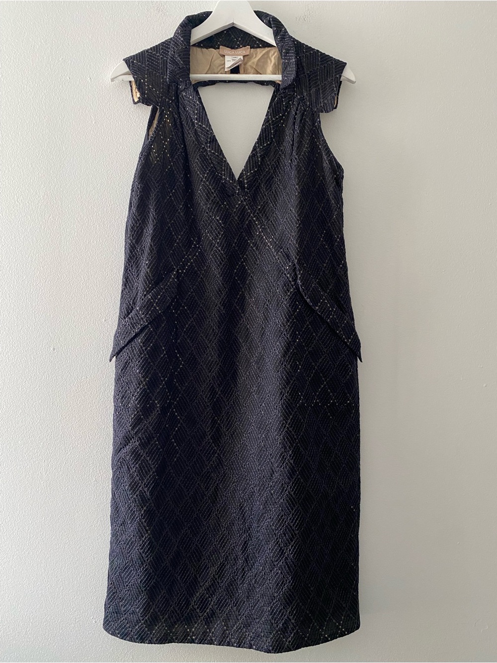 Luca Luca Dress  Dark Brown Black Cotton Silk Lined Sleeveless V Neck Pockets